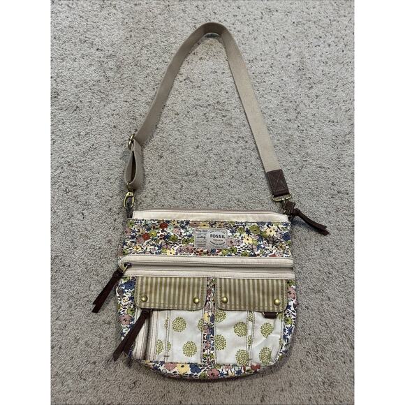 Fossil Crossbody Handbag Canvas Floral Boho Long Live Vintage Bag Purse B25